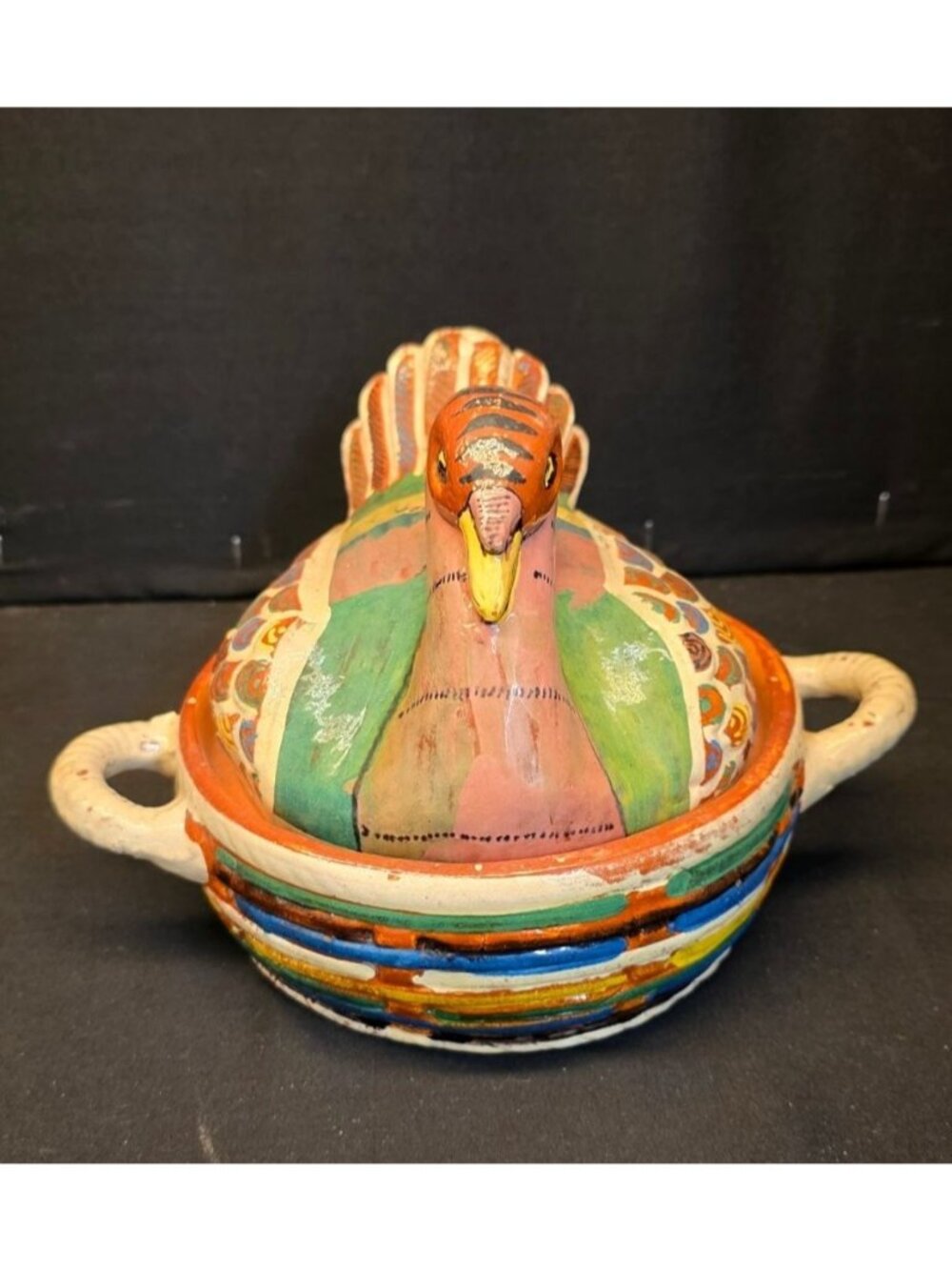 Vintage Hand Painted Tlaquepaque Folk Art Pottery Turkey Casserole Dish Mexico